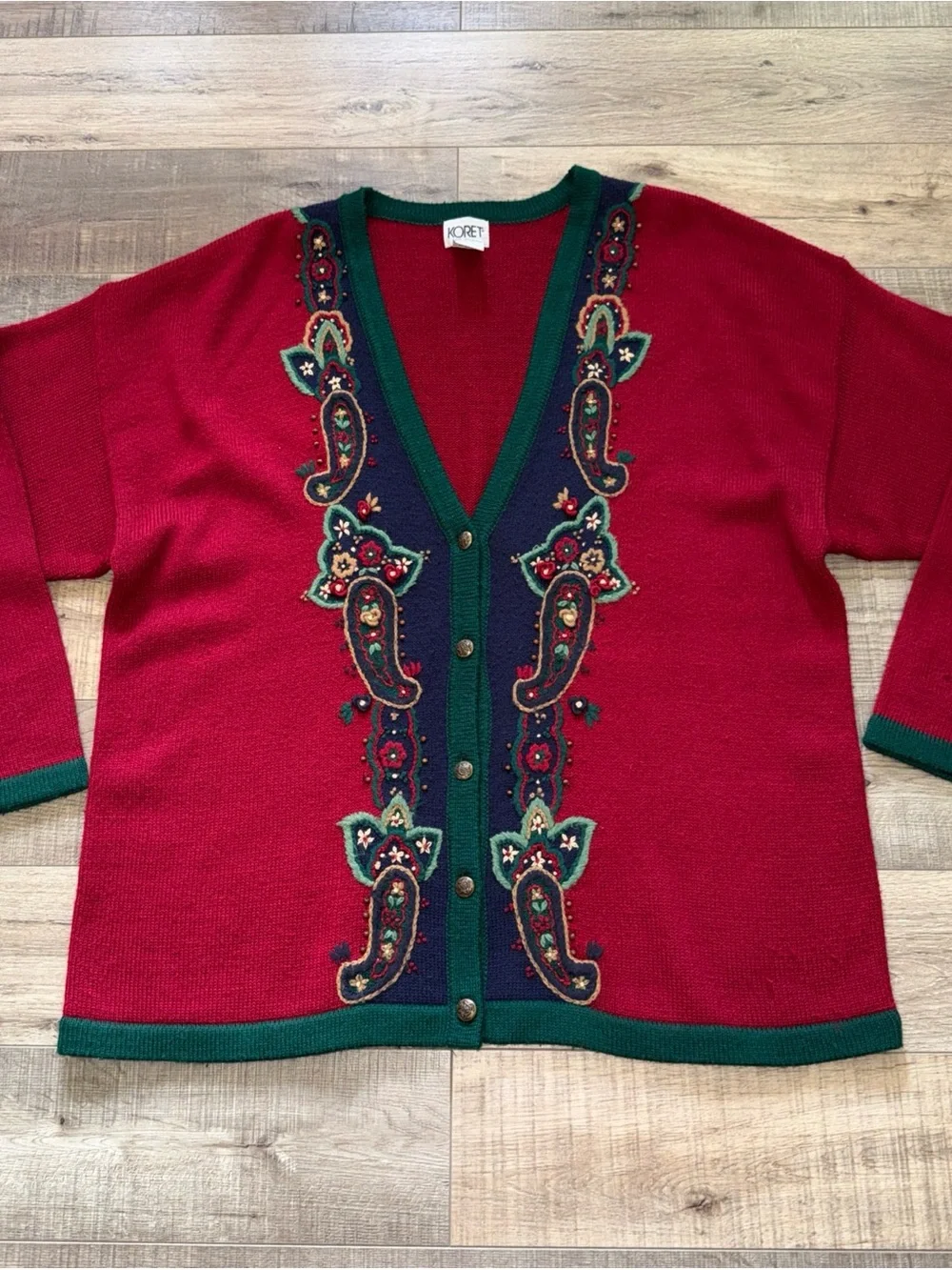 Koret 1X Red Embroidered V-Neck Cardigan Sweater